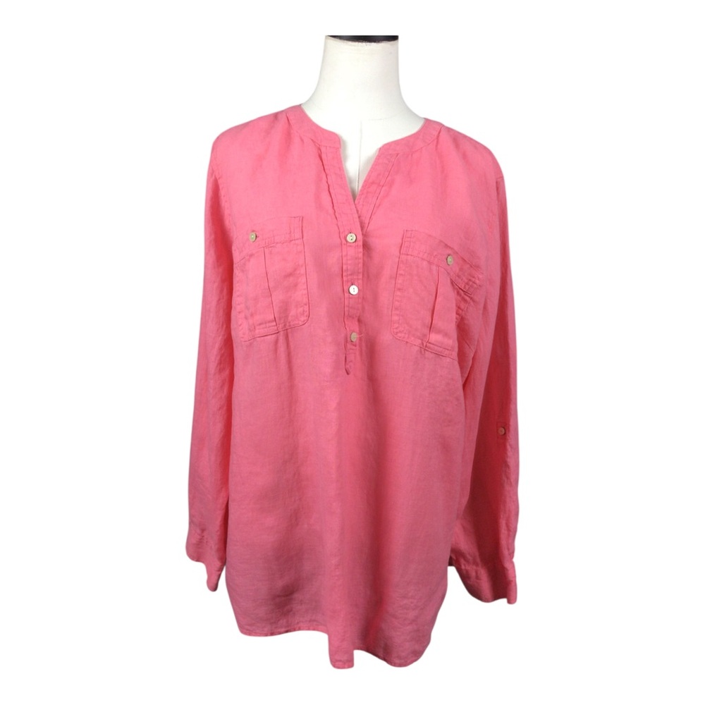Talbots 100% Linen Pink Long-Sleeve Split-Neck Tunic Top XL Breathable
